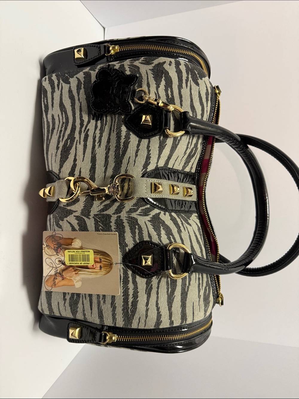 Betsey Johnson Black & Cream Zebra Satchel with Gold Hardware